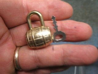 Very Unusual Old Barrel Shaped Miniature Padlock Lock With A Key.  N/r