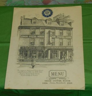 Vintage 1951 Union Oyster House Menu Boston Massachusetts Restaurant