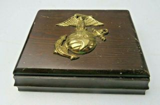 Vintage Usmc Wood Box With Set Of Playing Cards