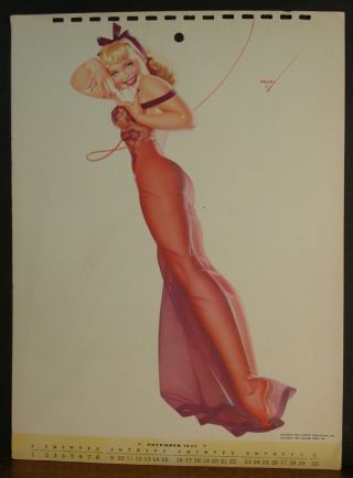 George Petty Calendar Page November 1947 Blond Telephone Girl Sheer Purple Gown