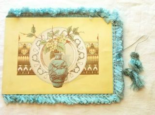 Elaborate Victorian Bi - Fold Blue Silk Fringed Xmas Card.  Prang.  Flowers In Vase
