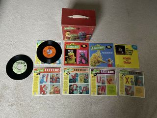 Vintage Sesame Street 45 Rpm Vinyl Red Cardboard Record Case Box With 9 Records