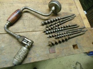 Vintage Stanley 945 - 10 " Bit Brace And Bits Old Carpenter Boring Tool