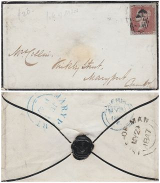 1847 Qv Scarce Isle Of Man Mourning Cover With A 4 Margin 1d Penny Red Stamp Kd
