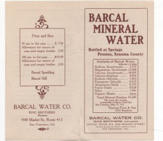 1915 Advertising Brochure For Barcal Mineral Water Preston Sonoma County Ca