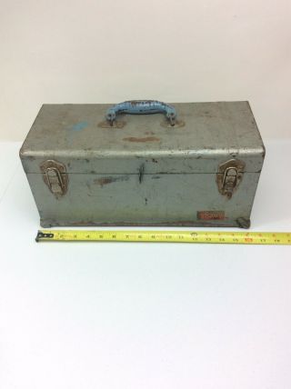 Vintage Union Steel Tool Box W/ Lock Tabs & Tray 16”l X 7” H X 7” D