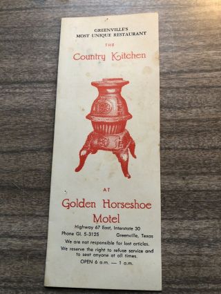 Vintage Golden Horseshoe Hotel Menu Greenville Texas