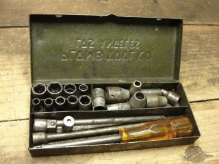 Vintage Plomb Tool Co Los Angeles Small Socket Wrench Set in Metal Box w/ 2