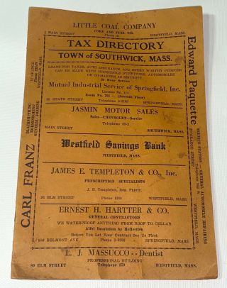 Rare Antique American Southwick Ma Tax Directory & Advertising Booklet 1936 Us