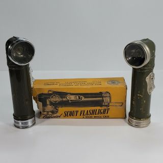 Set Of 2 Vintage 1950’s Boy Scouts Flashlights Olive Drab Green Metal Brass Case