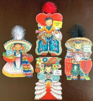 4 Vtg 1940s Hallmark Colorful Doll Cards Series:brazil/china/mexico/cowboy Joe