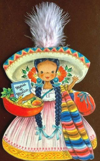 4 VTG 1940s Hallmark Colorful Doll Cards Series:Brazil/China/Mexico/Cowboy Joe 3