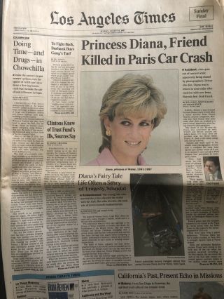 Princess Diana Dodi Fayed Killed 1997 Los Angeles Times Newspaper