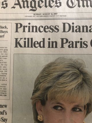 Princess Diana Dodi Fayed Killed 1997 Los Angeles Times Newspaper 3