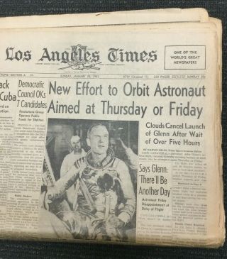 John Glenn - Mercury Space Flight - Huge Sunday 1962 Los Angeles Times Newspaper