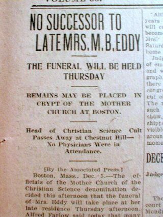 1910 Newspaper W Death Of Mary Baker Eddy Founder Ofthe Christian Science Church