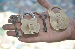 2 Pc Old Brass Handcrafted Different Shape Padlocks,  Patina
