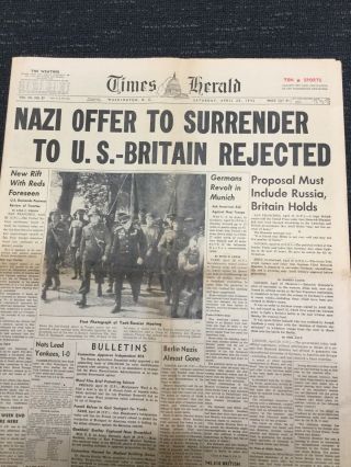 Nazi Germany Surrender - World War Ii - April 28,  1945 Washington D.  C.  Newspaper