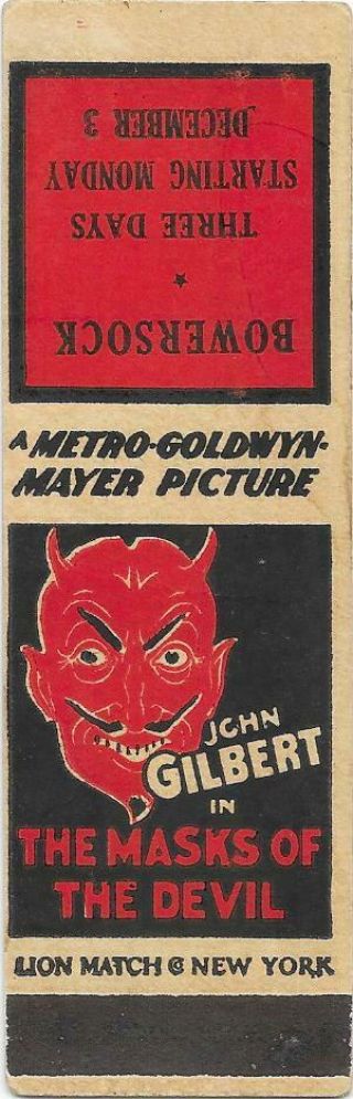 1928 Movie Matchbook - " The Masks Of The Devil " - John Gilbert
