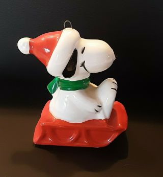 Vintage Peanuts Snoopy on a Sled Ceramic Christmas Ornament 3