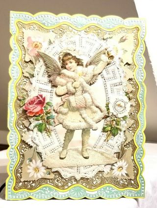 Snow Angel,  With Bell.  Elaborate Victorian Bi - Fold Valentine.  White Lace.  1900s