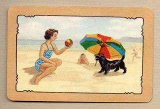 Coles Swap Cards Vintage Scotty Terrier Dog & Girl At The Beach