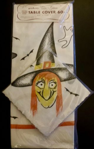 Vintage Halloween Witch Paper Tablecloth & Napkins By Gibson Usa 60” X 102”