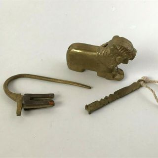 Vintage Brass Chinese Foo Dog Lion Push Lock Padlock & Key