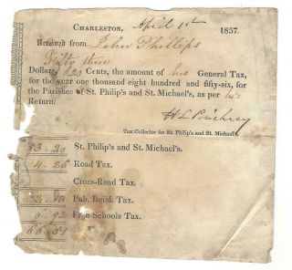 Rare 1857 South Carolina Tax Receipt Signed By H.  L Pinckney Us Congressman Mayor