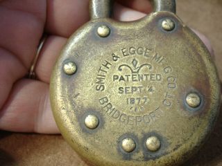 Vintage Brass Giant Padlock Pat.  1877 Smith And Egge Mfg - Bridgeport Ct