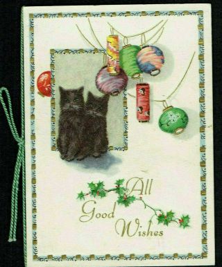 Vintage Christmas Greetings Card Cats & Chinese Lanterns Embossed