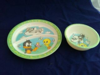 Baby Tweety Bird Bugs Bunny Kid Divided Plate Bowl Warner Bro.  Looney Tunes 1998