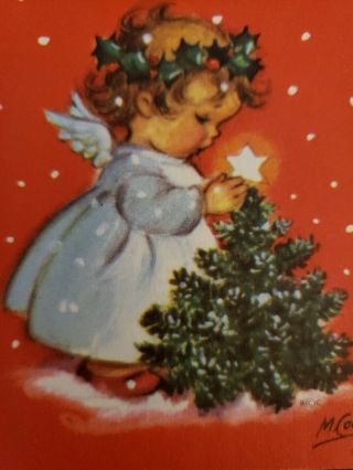 Vtg Rust Craft Christmas Greeting Card M.  Cooper Angel Girl Star Tree Snow Cloud
