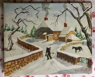 Vtg Christmas Card Art Artist Grace Fitzpatrick Stone Chimney House Snow