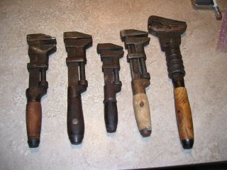 5 Antique Primitive Adjustable Wood Handle Monkey Wrenches Bemis Call & More