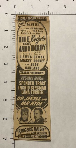 Lewis Stone - Rooney - Garland Lana Turner - Ingrid - 1941 Newspaper Movie Ad