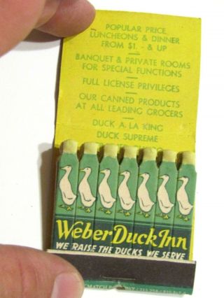 Vintage Feature Matchbook Weber Duck Inn W/ Green Cover Full Book.  Lion Match