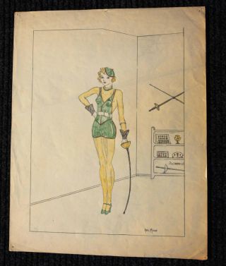 Art Deco Large Pin Up Drawing Of Female Fencer,  Signed Artie Moore 1934