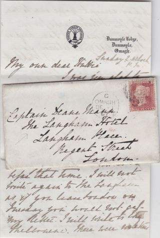 1867 Qv Omagh Ireland Letter With A 1d Penny Red Stamp To Captain Mann At Hotel