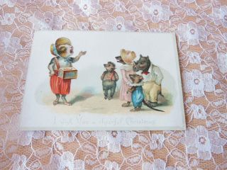 Victorian Christmas Card/group Of Anthropomorphic Animals Listening To Speaker
