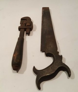 Vintage 1960 Miniature Hand Saw Toy Tool Metal & Monkey Pexto Wrench