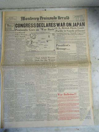 Ww2 1940 Newspaper Congress Declares War On Japan / Pearl Harbor /