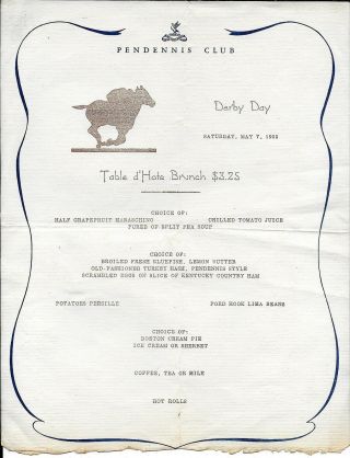May 1955 Derby Day Menu From The Pendennis Club In Louisville Kentucky