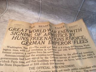Reading Eagle Newspaper,  Nov 11,  1918,  Great War Ends