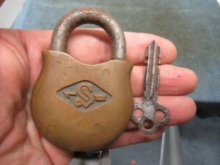 Odd Shaped Old Brass Padlock Lock " S " With A Key.  N/r