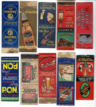 10 Beer & Ale Matchbook Covers,  King Philip,  Camden,  Grand Prize,  Burkhardt 