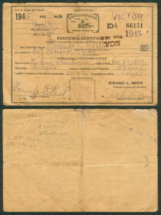 1945 Philippine Residence Certificate Manila Japanese Government Wwii Era