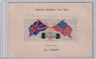 Vintage Postcard Woven Silk " Hands Across The Sea " 1900s