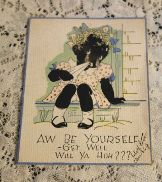 Vintage Black Americana Get Well Card Little Girl With Tears Rust Craft Boston