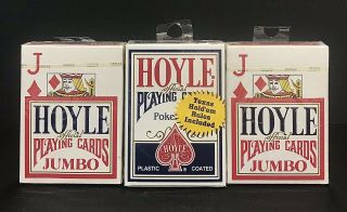 3 Decks Hoyle Official Playing Cards Poker Plastic Coated 2 Red Jumbo 1 Blue